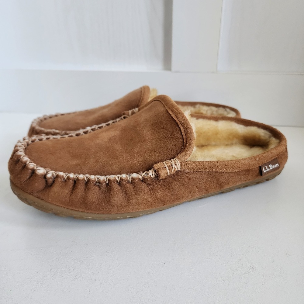 LL Bean Wicked Good Suede Scuff Slippers Tan Brown Shearling Women 8